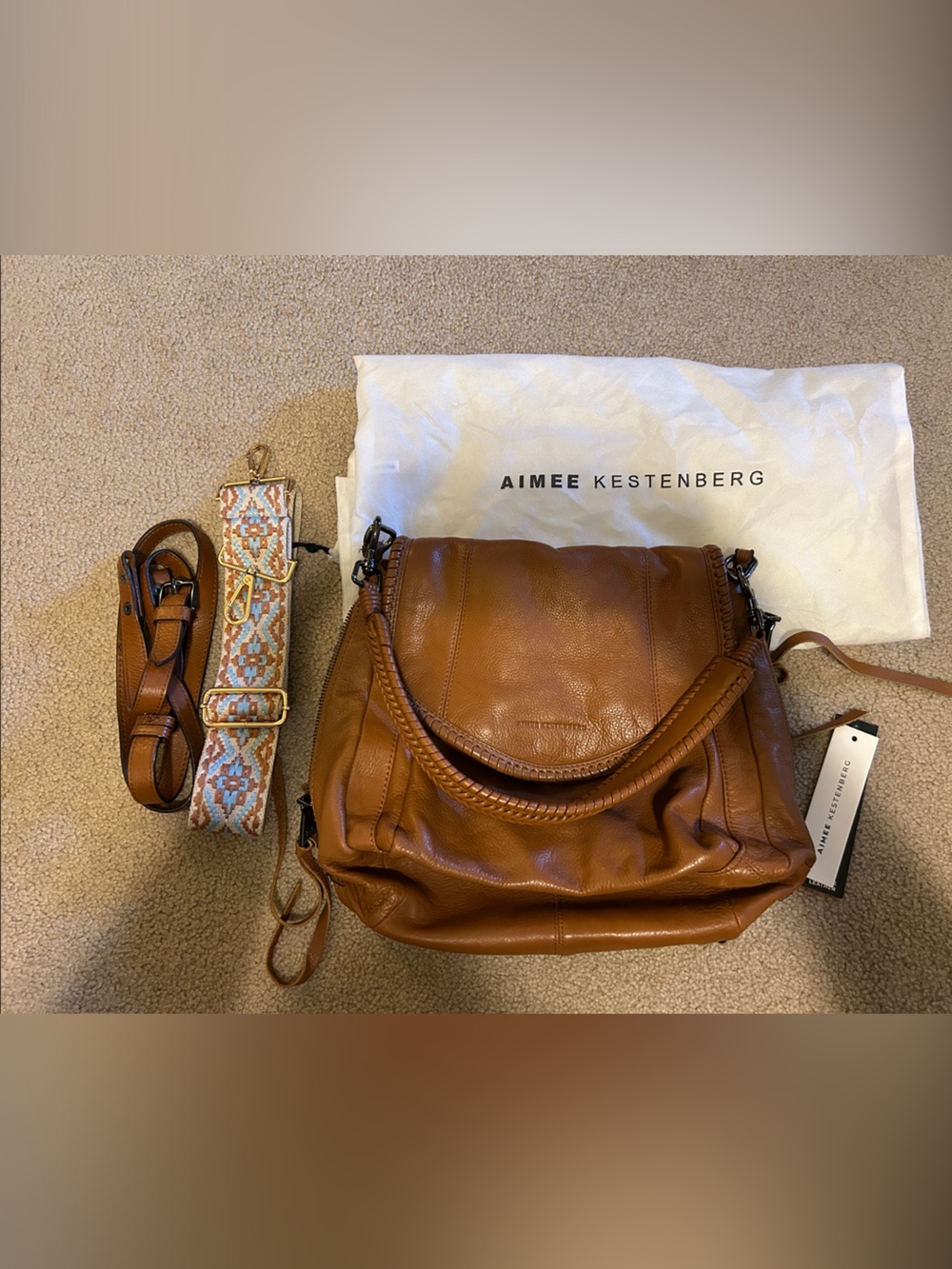 Aimee Kestenberg Cognac Tan Leather Shoulder Bag with Patterned Strap
